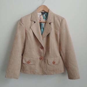 Tan vegan faux suede jacket blazer unique blue silky lining size 8 petite